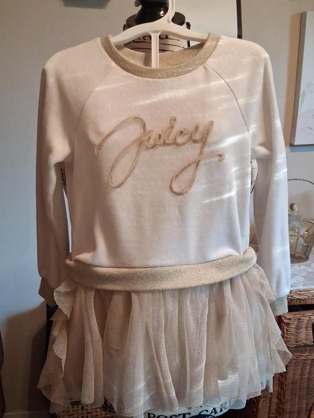 Juicy Couture White & Gold Girls Sweatshirt Dress/Top with Tulle Skirt Size 4